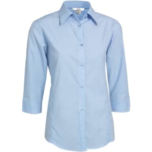 A light blue women's button-up shirt with a micro check pattern and 3/4 sleeves. It features a collar and has a logo.