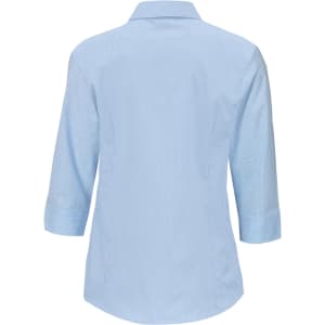 A light blue women's 3/4 sleeve button-up shirt with a micro check pattern and a logo on the back.