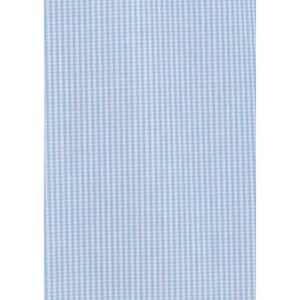 A light blue micro check fabric ideal for a men's button-up shirt, featuring a subtle check pattern and a branding logo.