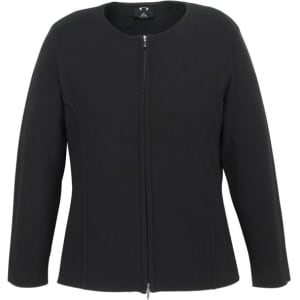 A black women's 2-way zip cardigan with long sleeves and a fitted design. It features a logo on the collar.