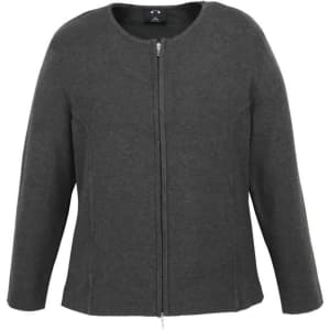 A dark grey women's 2-way zip cardigan with a round neckline and long sleeves, featuring a logo.