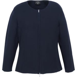 A navy women's 2-way zip cardigan featuring a round neckline and long sleeves, with a branding logo.