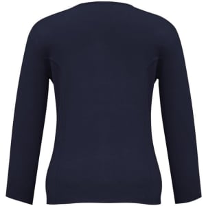 A navy women's 2-way zip cardigan with three-quarter sleeves and a fitted design. It features a logo.