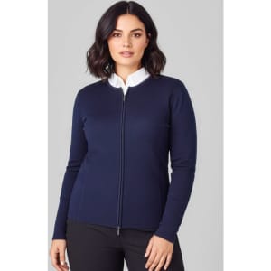 A navy women's 2-way zip cardigan featuring a white collar, with a fitted design and long sleeves.