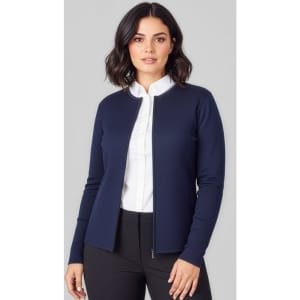 A navy women's two-way zip cardigan features a sleek design, accompanied by a white shirt and black trousers.