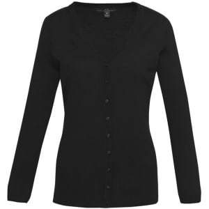 A black women's Milano cardigan featuring a V-neck and button closure, with long sleeves and a fitted design.