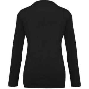 A black women's Milano cardigan with long sleeves, featuring a simple design and a logo on the back.
