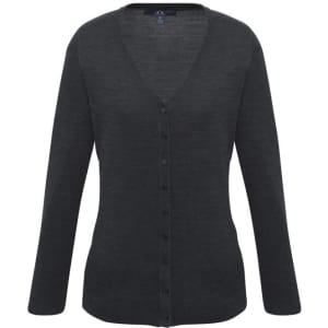 A charcoal grey women's Milano cardigan featuring a v-neck and buttons down the front. It has a logo on the label.