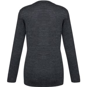 A dark grey women's Milano cardigan featuring long sleeves and a simple design, with a logo on the back.
