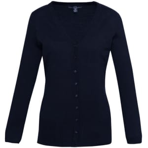 A women's Milano cardigan in black with a V-neck, long sleeves, and a button-down front. Features a logo on the label.