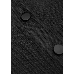 A close-up of a black cardigan featuring textured fabric and two round buttons.