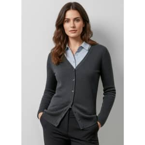 A grey women's cardigan with a V-neck, front buttons, and long sleeves, paired with a light blue shirt.