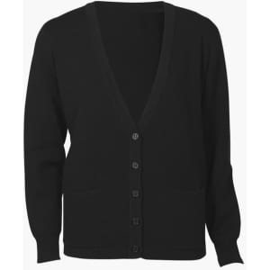 A black woolmix cardigan with a v-neck, button front, and two front pockets. It features long sleeves and a simple design.
