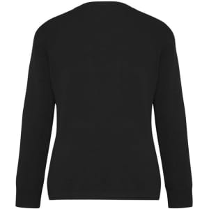 A black women's woolmix cardigan featuring long sleeves and a simple back design. It includes a branding logo.