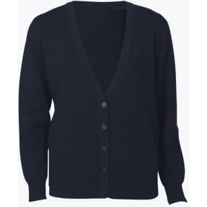A women's woolmix cardigan in navy blue featuring a V-neck, button front, and two front pockets.