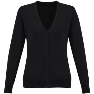 A black women's knitted cardigan featuring a V-neck and button front closure. The sleeves are long and fitted.
