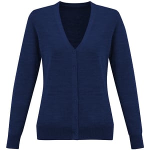 A navy blue women's cardigan featuring a V-neck and buttons down the front, with long sleeves and ribbed cuffs.