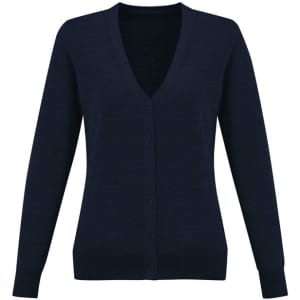 A navy blue women's knit cardigan with a V-neck and button-down front. It features long sleeves and a fitted silhouette.