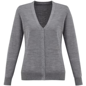 A women's grey knit cardigan with a V-neck and button front, featuring long sleeves and a fitted design.