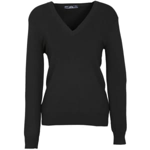 A black women's V-neck knit pullover with long sleeves and a fitted design. It features a logo on the label.