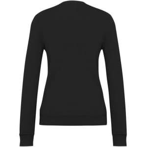 A black Women's V-Neck Knit Pullover featuring long sleeves and a fitted design, with a visible logo on the back.