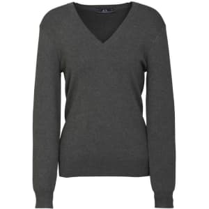A dark grey women's V-neck knit pullover with long sleeves and a fitted silhouette. Features branding.