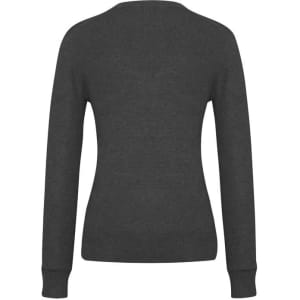 A women's v-neck knit pullover in dark grey, featuring long sleeves and a fitted silhouette from the back.