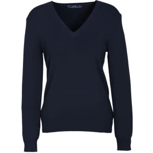 A women's navy V-neck knitted pullover featuring long sleeves and a relaxed fit.