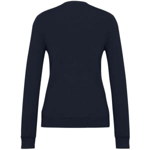 A navy women's V-neck knit pullover with long sleeves and a fitted silhouette, featuring a solid design.