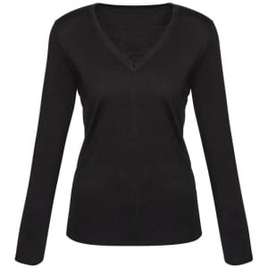 A black women's Milano pullover featuring a V-neck and long sleeves, with a fitted design and ribbed hem.