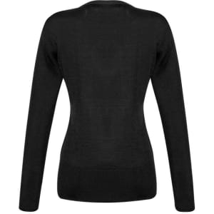 A black women's pullover sweater with long sleeves and a fitted silhouette, featuring a logo on the back.