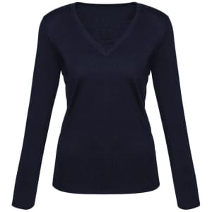 A women's Milano pullover in navy blue with a v-neckline and long sleeves. It features a fitted silhouette and ribbed hem.