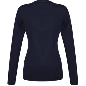 A navy women's Milano pullover sweater featuring a fitted design and long sleeves, with a simple back view.