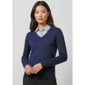 A women's navy Milano pullover sweater with a V-neck and long sleeves, featuring a logo on the chest.