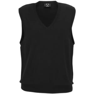 A black women's V-neck knit vest with a sleeveless design and a ribbed hem. Features a logo on the label.