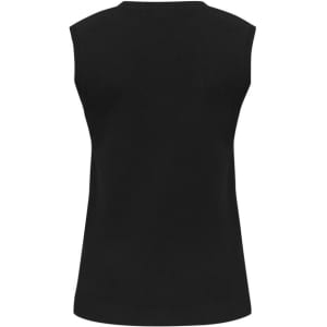 A black women's V-neck knit vest with a sleeveless design and a fitted silhouette. Features a subtle logo.