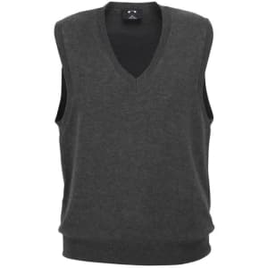 A dark grey women's V-neck knit vest with sleeveless design and a ribbed waistband. It features a logo at the neckline.