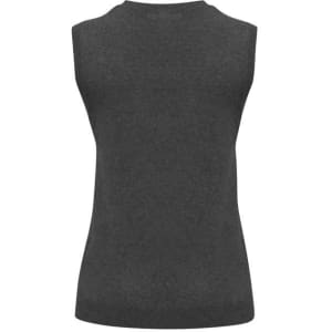 A dark grey women's V-neck knit vest with a sleeveless design and fitted silhouette, featuring a small logo.
