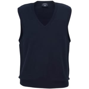 A navy women's V-neck knit vest with a sleeveless design and ribbed waistband, featuring a logo.