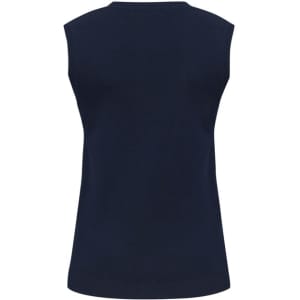 A navy women's V-neck knit vest with no sleeves, featuring a simple design and a logo on the back.
