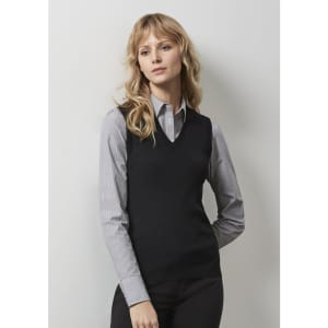 A black women's V-neck knit vest worn over a striped shirt, featuring a fitted design and simple branding.