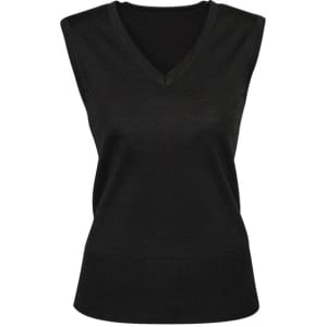 A black women's vest with a V-neckline and sleeveless design, featuring a ribbed hem.