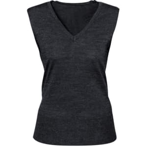 A dark grey women's vest featuring a V-neck design and sleeveless cut, with a logo on the product.