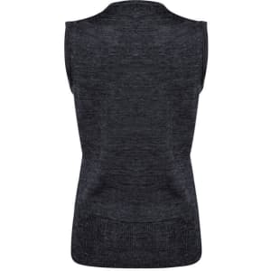 A sleeveless dark grey women's vest with a textured design and a back view. Features a branding logo.
