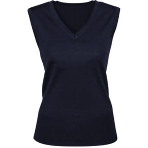 A navy women's vest with a V-neck and sleeveless design, featuring a fitted ribbed hem and a logo.