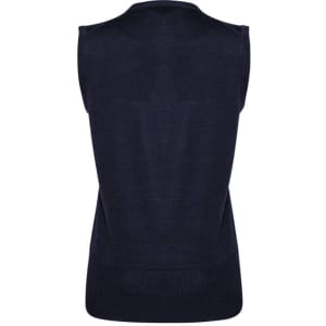 A navy women's vest with a sleeveless design and ribbed detail at the hem, featuring a branding logo.