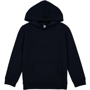 A navy blue kids' hoodie featuring a front pocket and a drawstring hood. It has a logo on the design.