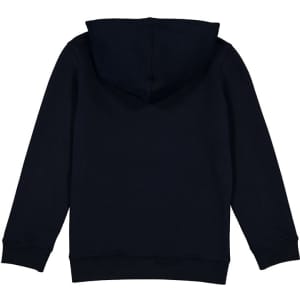 A navy blue hoodie with a hood and long sleeves, featuring a simple design on the back.