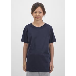 A short sleeve tee in navy blue, featuring a loose fit and a simple design. It has a logo on the front.