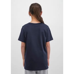 A navy short sleeve tee shirt for youth, viewed from the back, featuring a simple design with a logo.